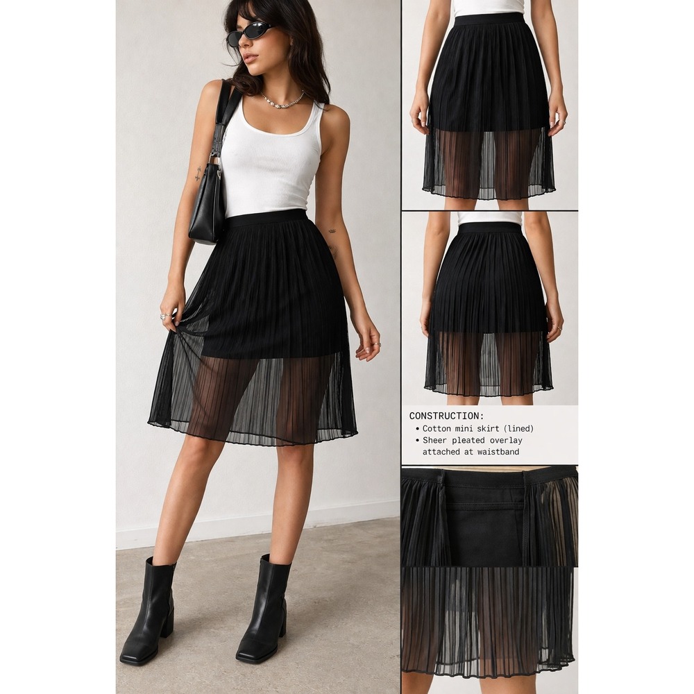 Vero Moda Very‎ Black Pleated Sheer Overlay Midi Skirt Cotton Mini Lining Small